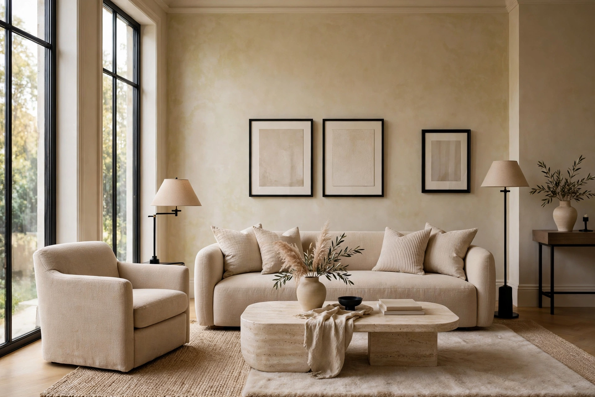Refined living room with beige tones and black accent details