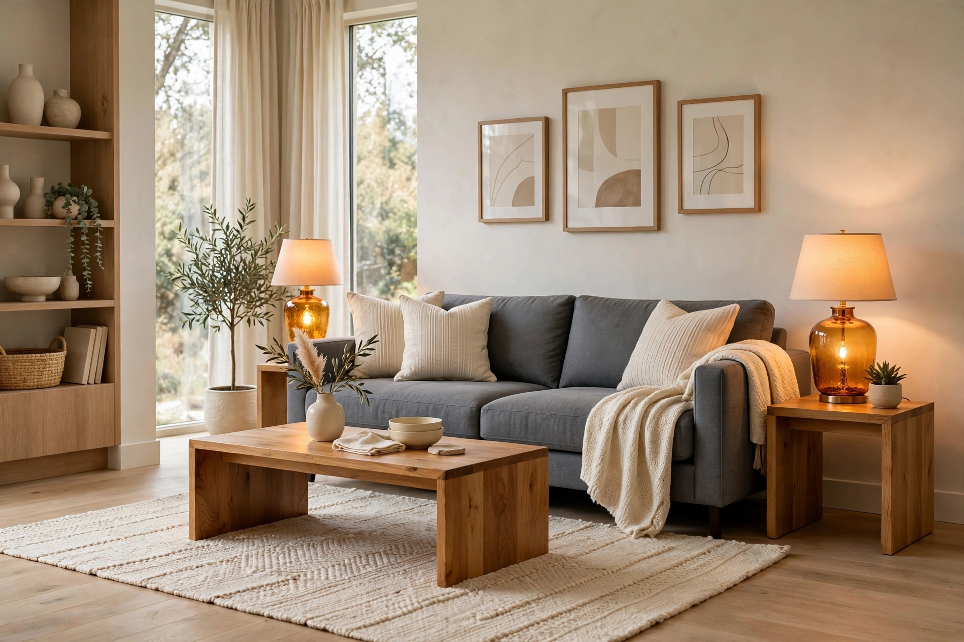 Contemporary living room with slate gray and warm amber tones