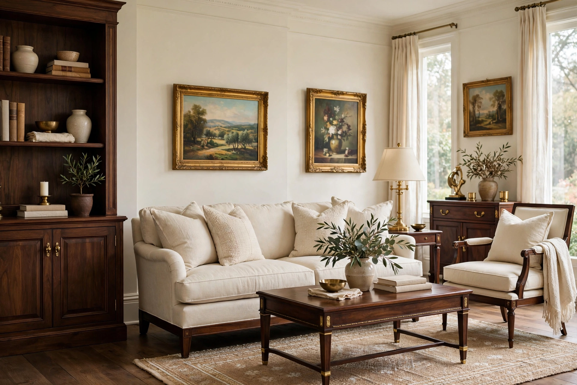 Classic living room with ivory walls and dark walnut furniture