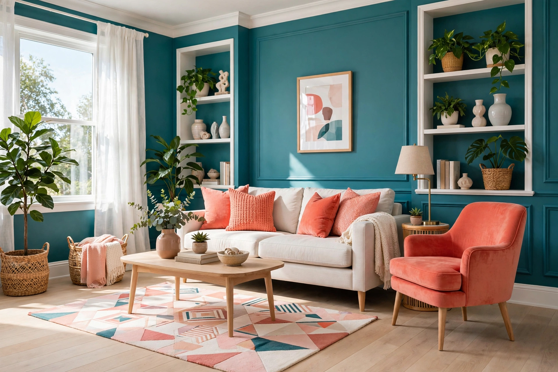 Vibrant living room with teal walls and coral accent pieces