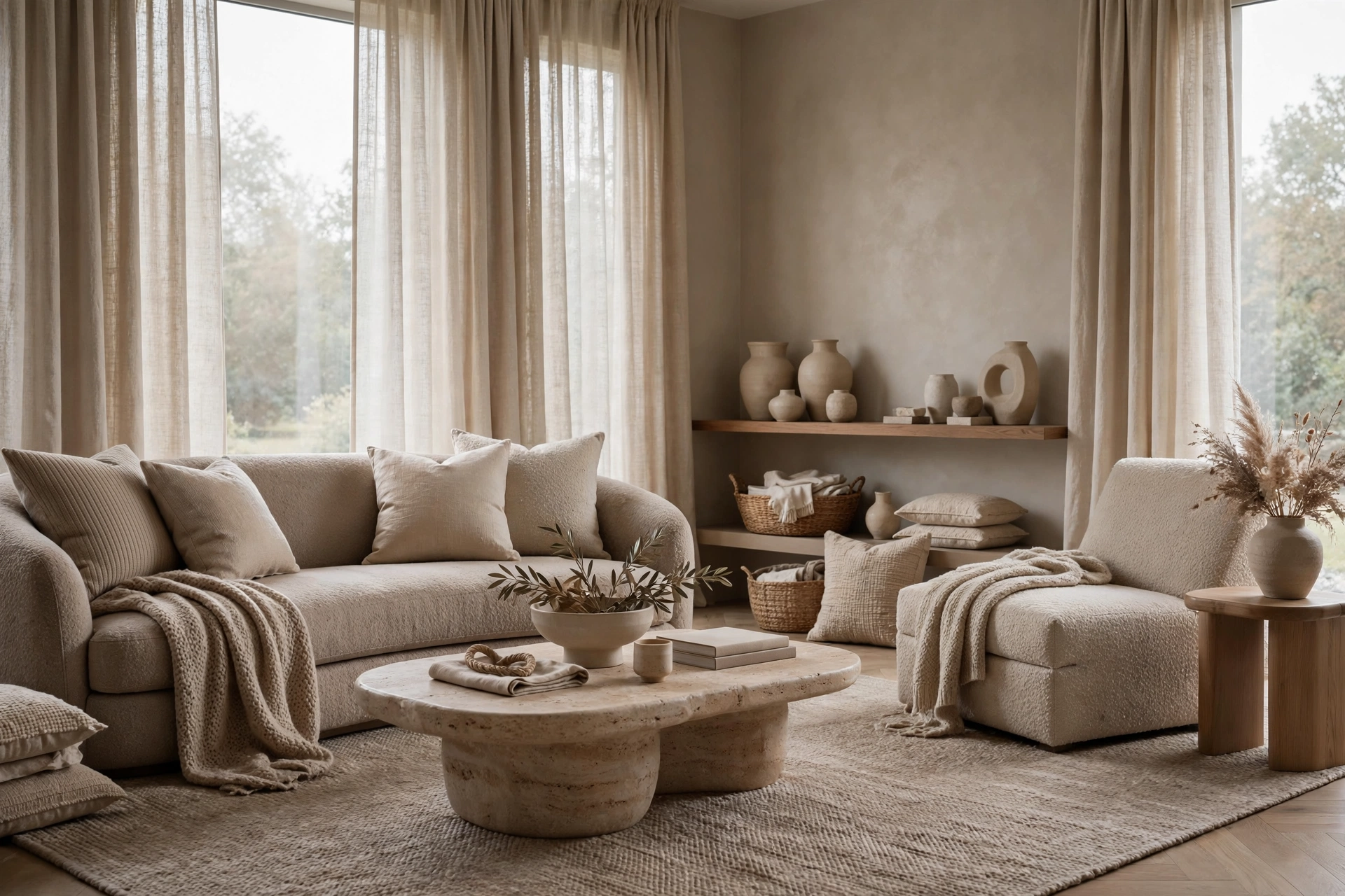 Elegant tonal living room in champagne and warm taupe