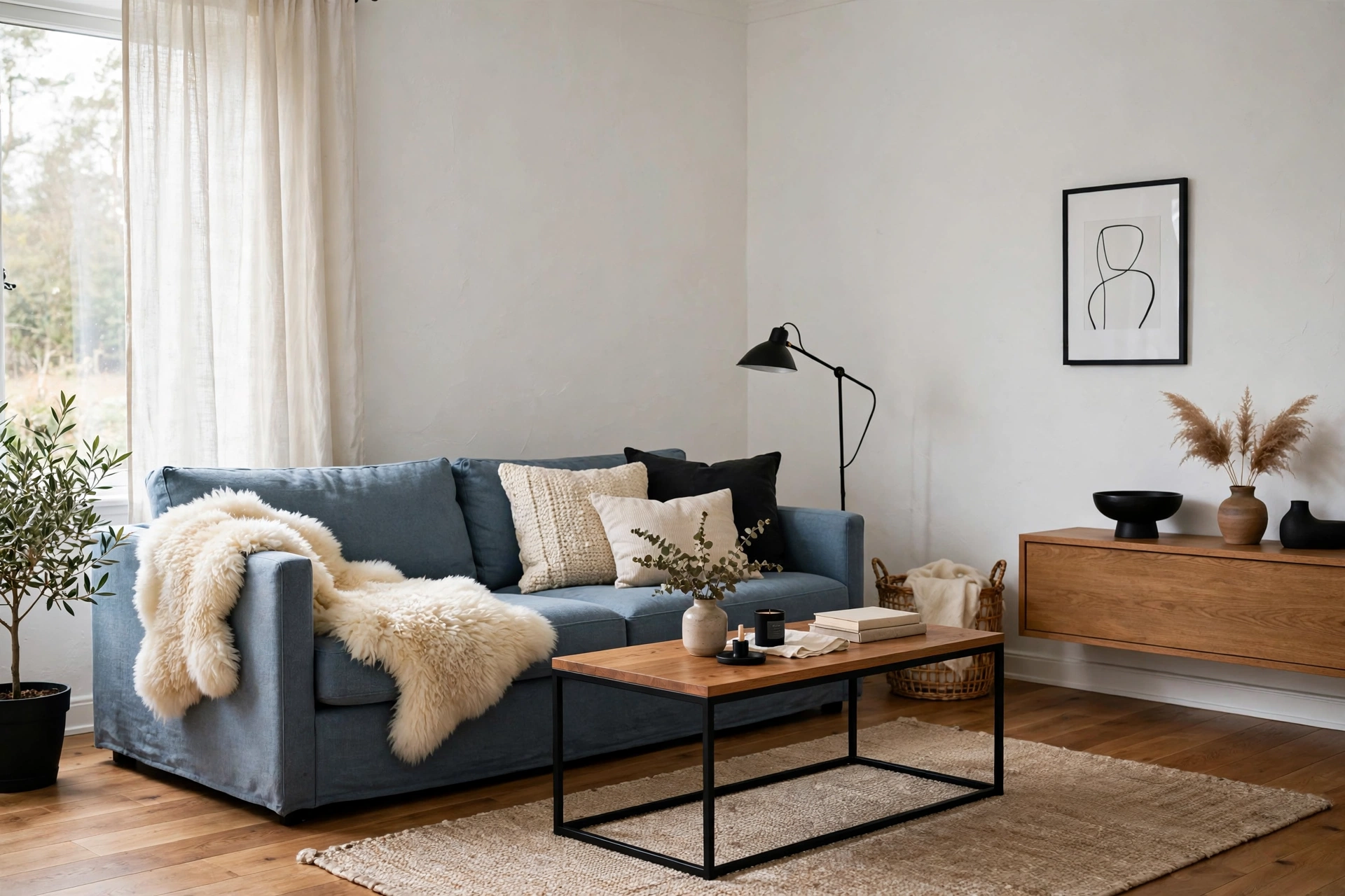 Calm Scandinavian living room with dusty blue sofa and warm wood