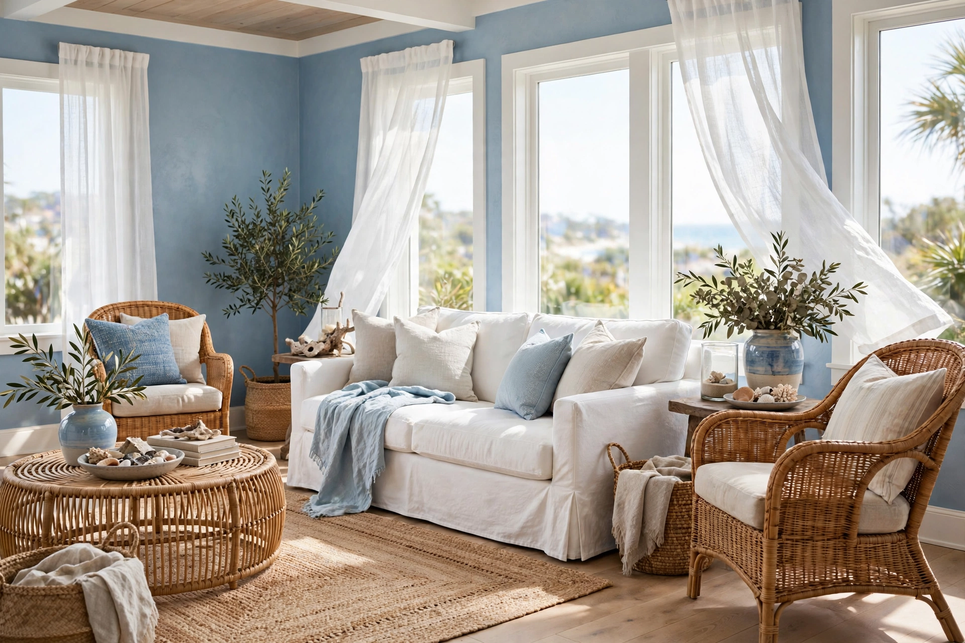 Breezy living room with powder blue walls and natural rattan furniture