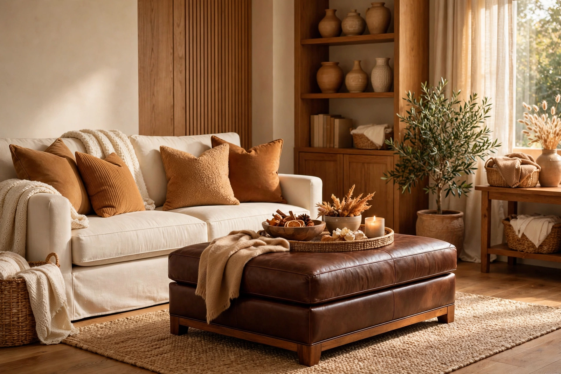 Indulgent living room with cream upholstery and chocolate brown accents