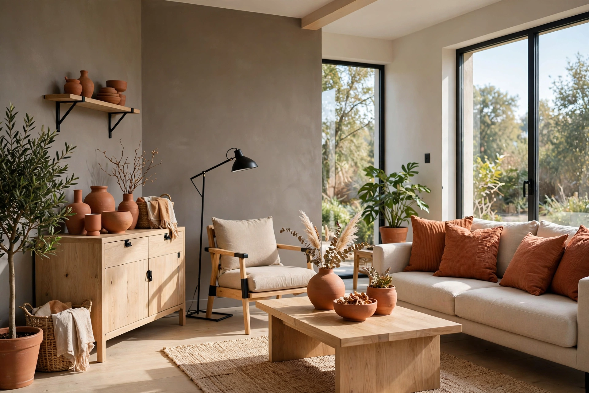 Modern living room with warm gray walls and terracotta accents