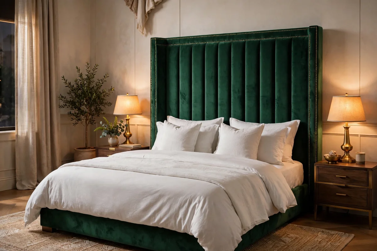 Tall tufted velvet headboard in emerald green in a luxury bedroom