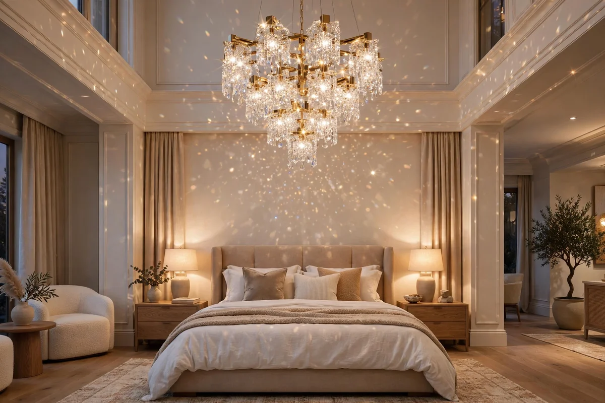 Crystal chandelier glowing above a luxury bedroom
