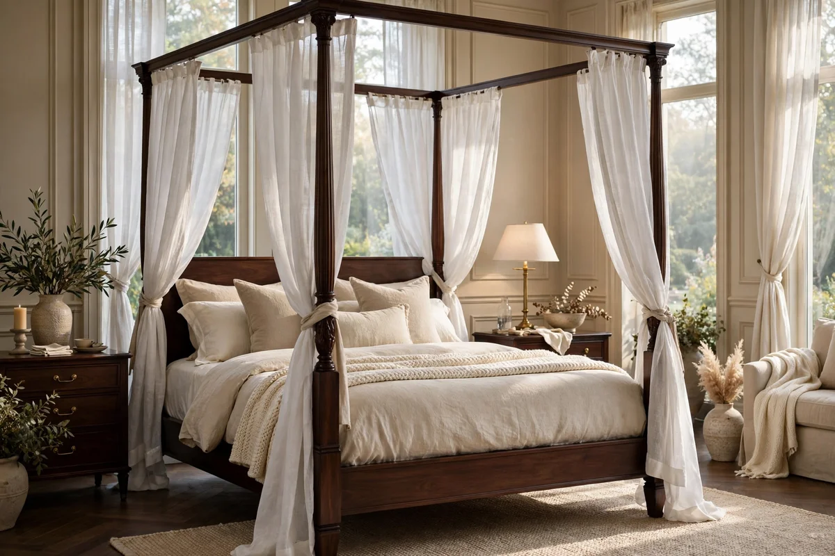 Four-poster canopy bed with sheer curtains in an elegant bedroom