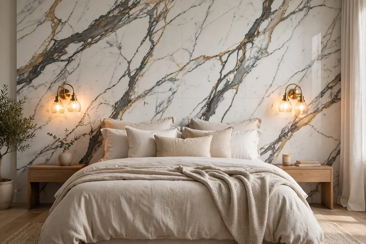 White marble accent wall with brass sconces behind a luxury bed