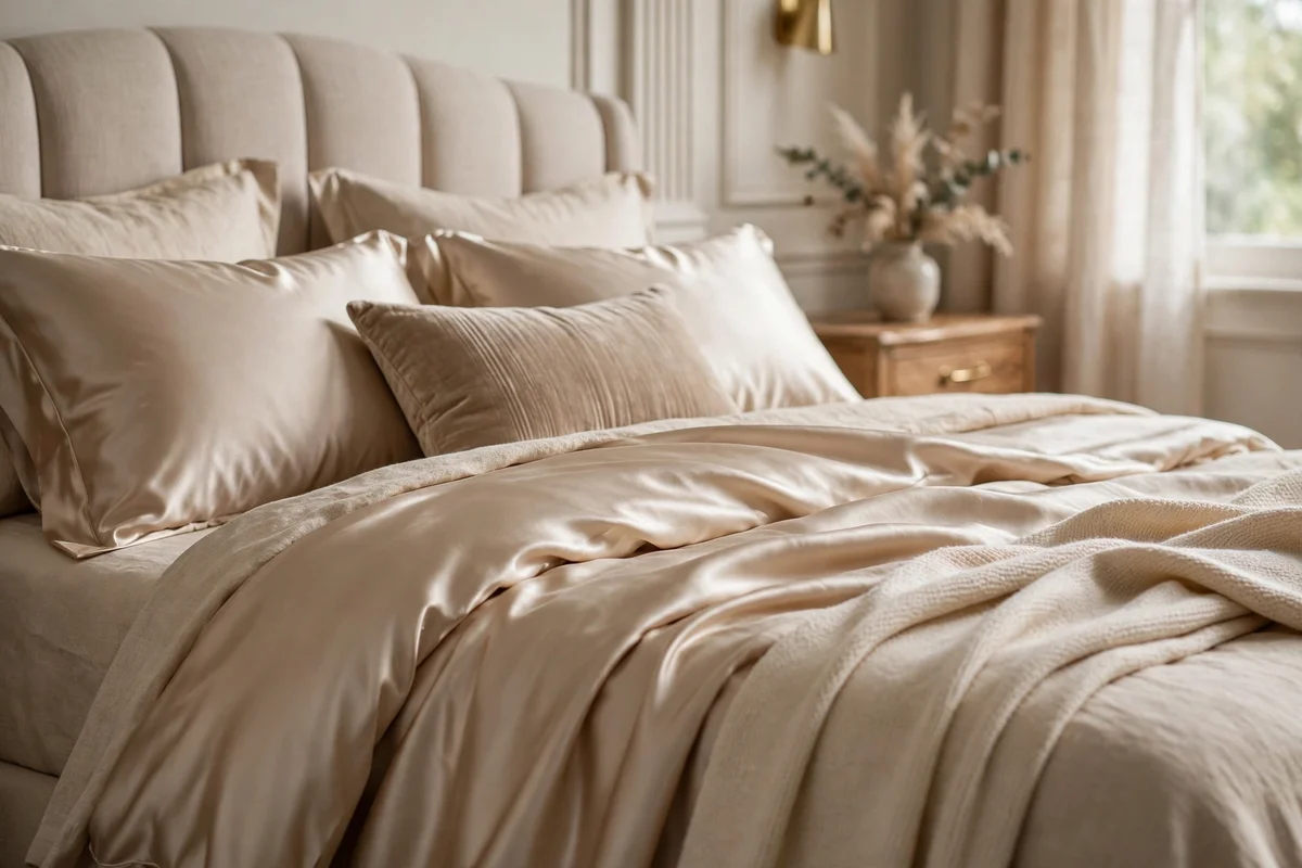 Champagne silk bedding layered on a luxury bed
