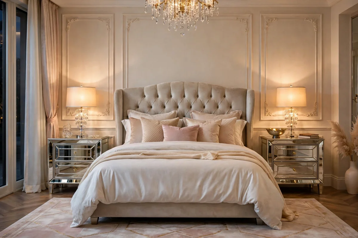 Mirrored nightstands with crystal lamps flanking a luxury bed