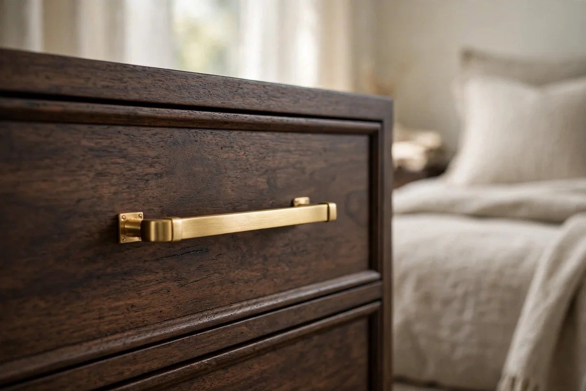 Close-up of brushed gold drawer pulls on a luxury dresser