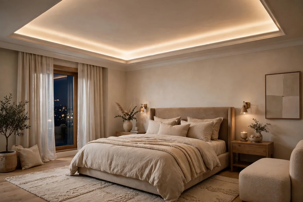 Tray ceiling with warm cove lighting in a master bedroom