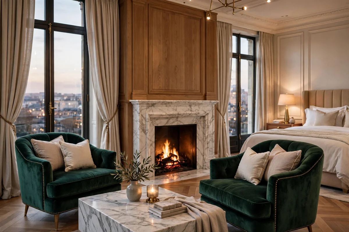 Velvet sitting area with armchairs and fireplace in a luxury bedroom