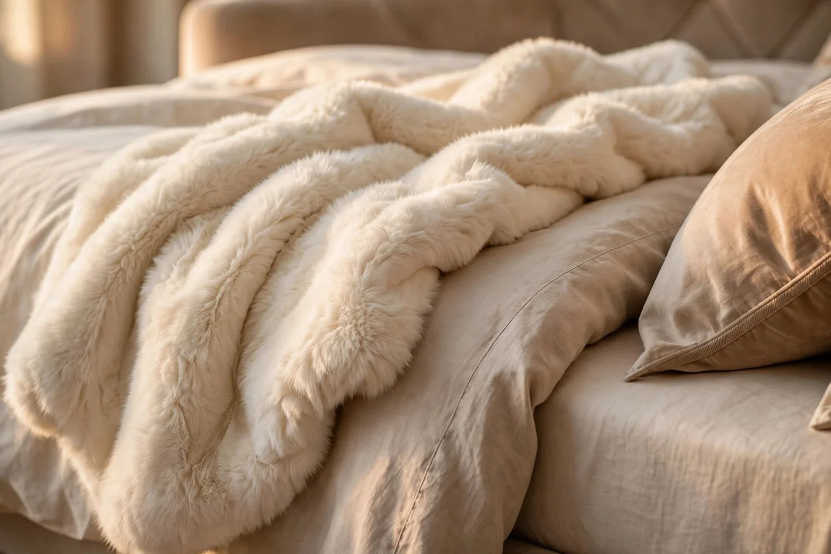 Plush faux fur throw draped over a luxury bed corner