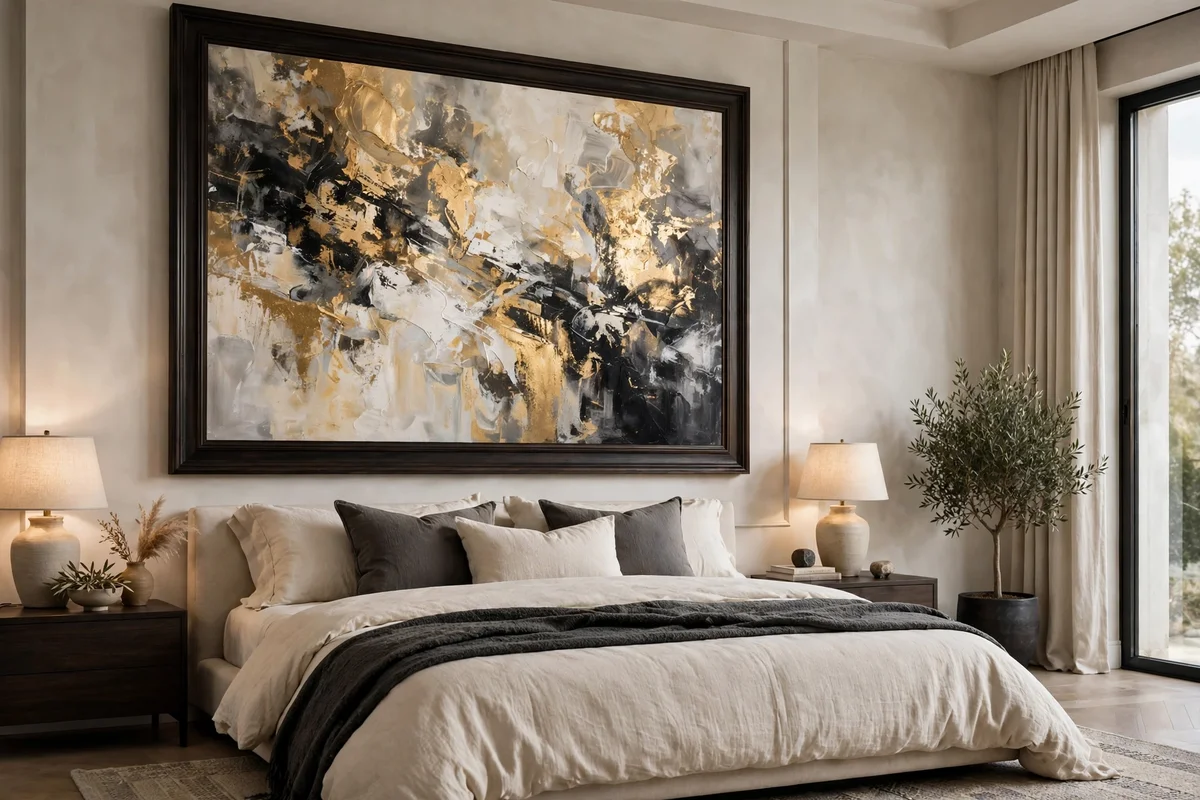 Oversized gold and ivory abstract painting above a luxury bed
