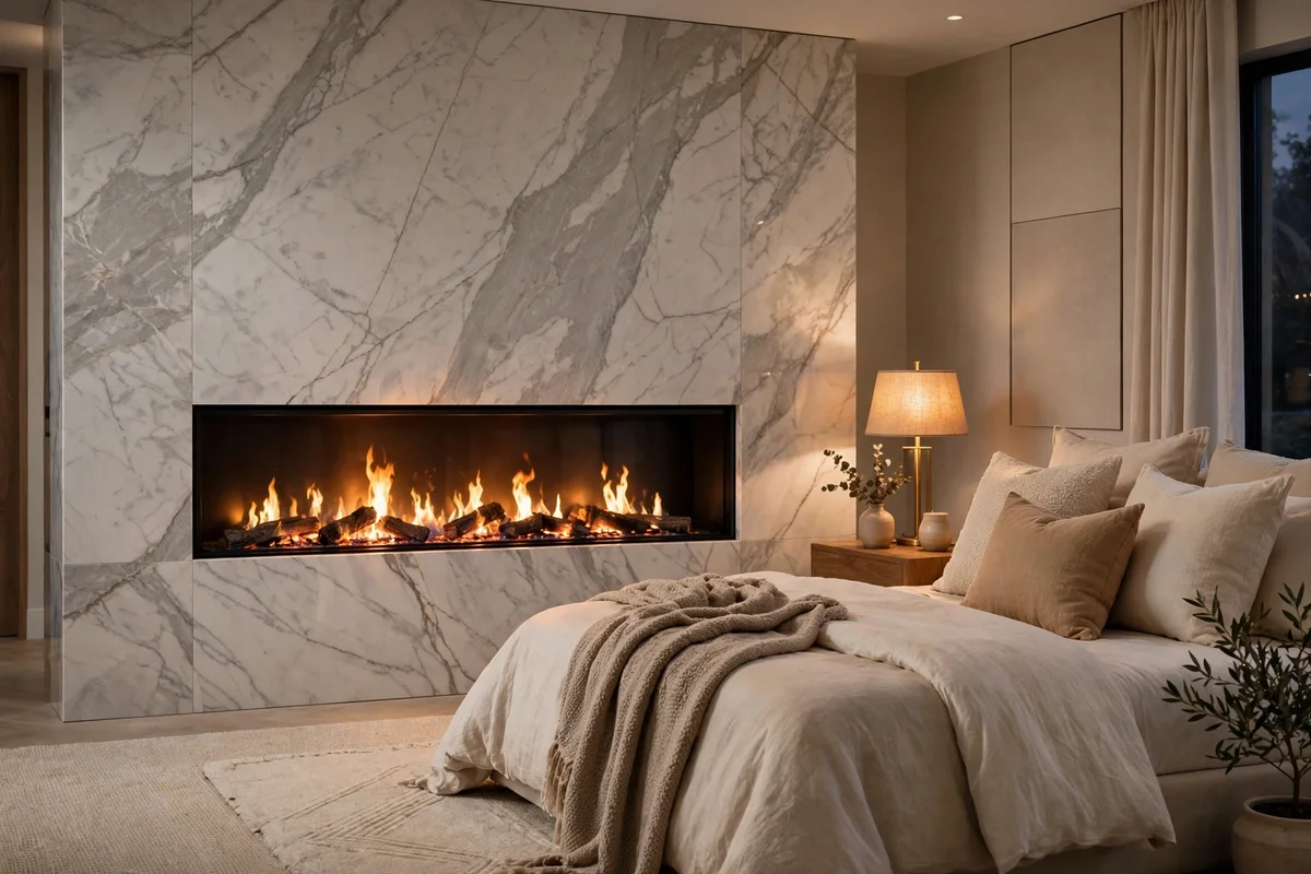 Modern electric fireplace set in a marble wall in a luxury bedroom