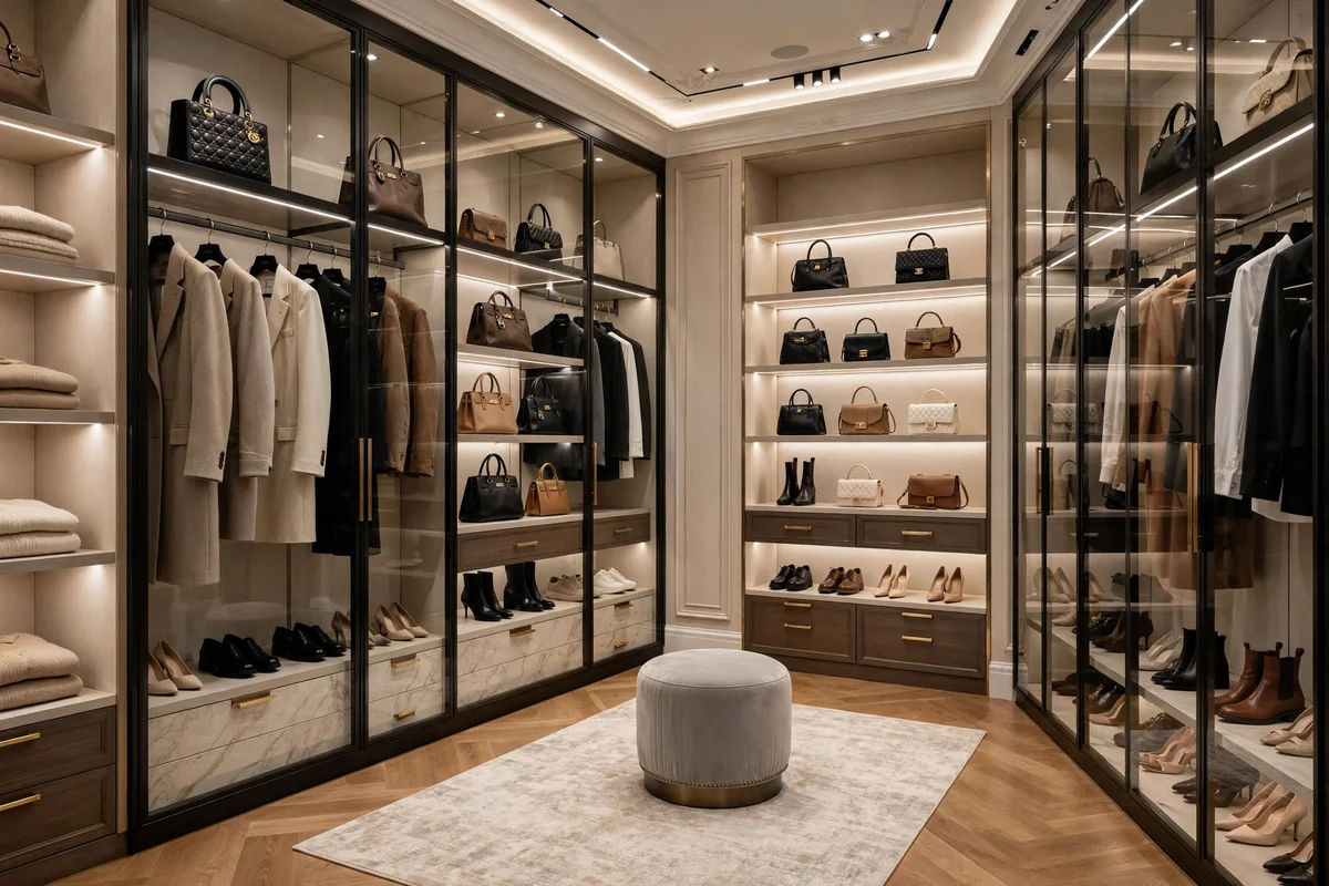 Boutique-style walk-in closet with lit shelving and glass doors