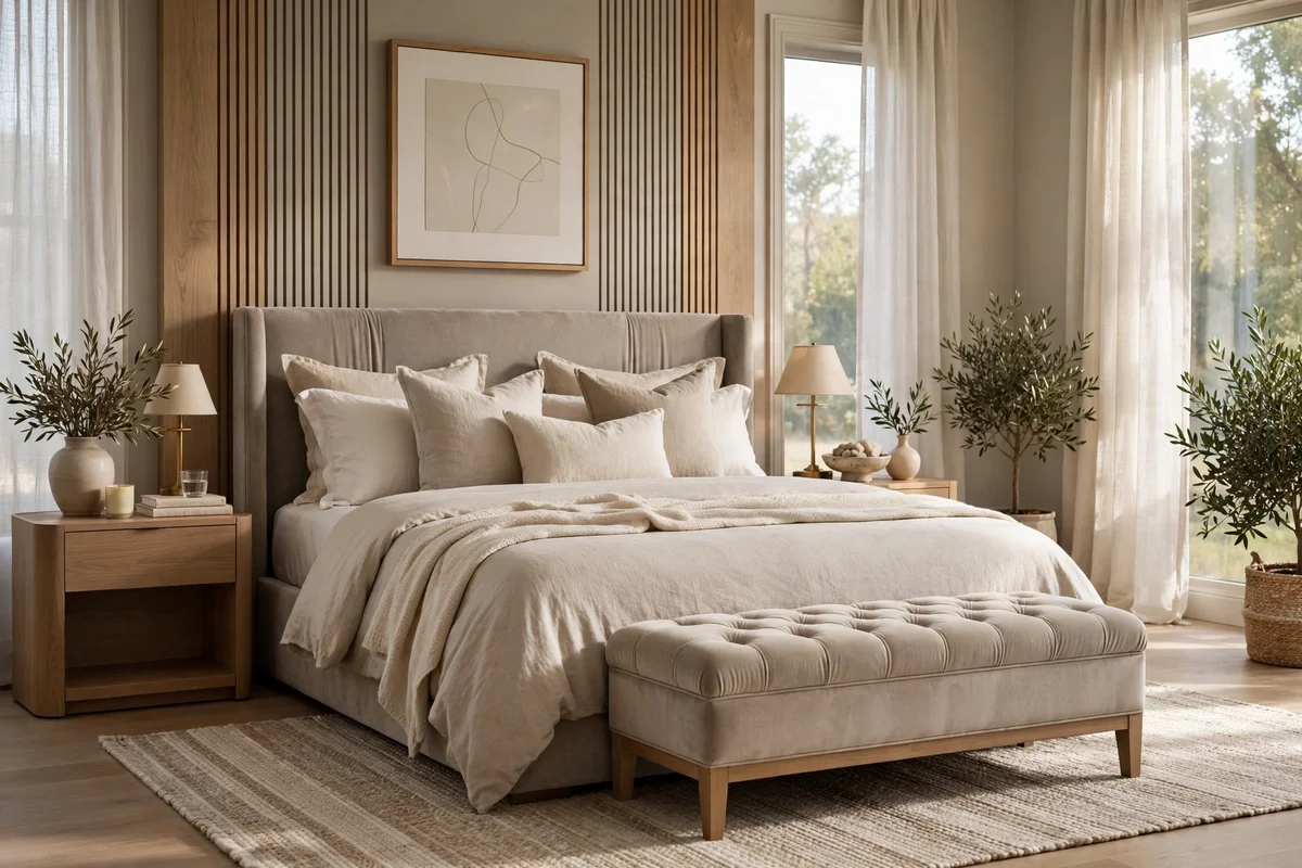 Tufted upholstered bench with storage at the foot of a king bed