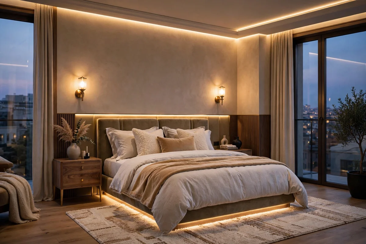 Luxury bedroom with layered smart lighting scenes at dusk