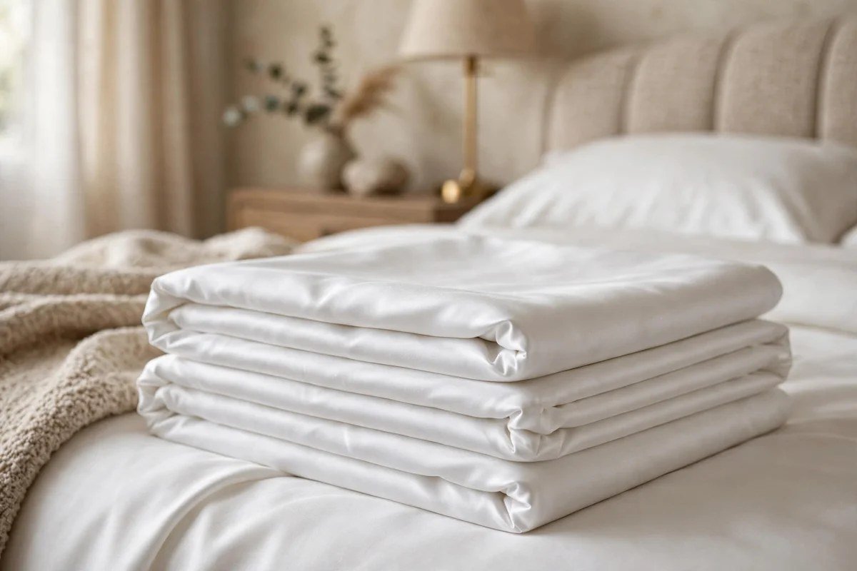 Crisp white Egyptian cotton sheets with sateen sheen on a luxury bed