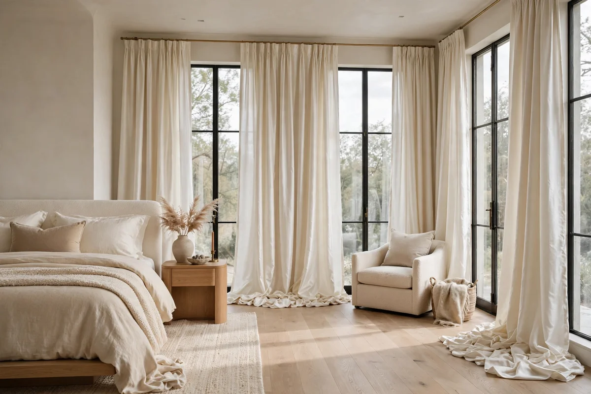 Floor-to-ceiling ivory silk drapes on a brass rod in a luxury bedroom