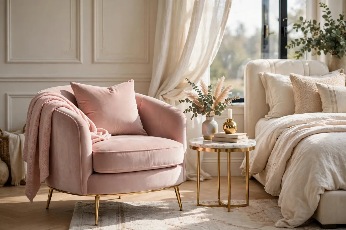 Blush velvet accent chair with gold legs in a luxury bedroom corner