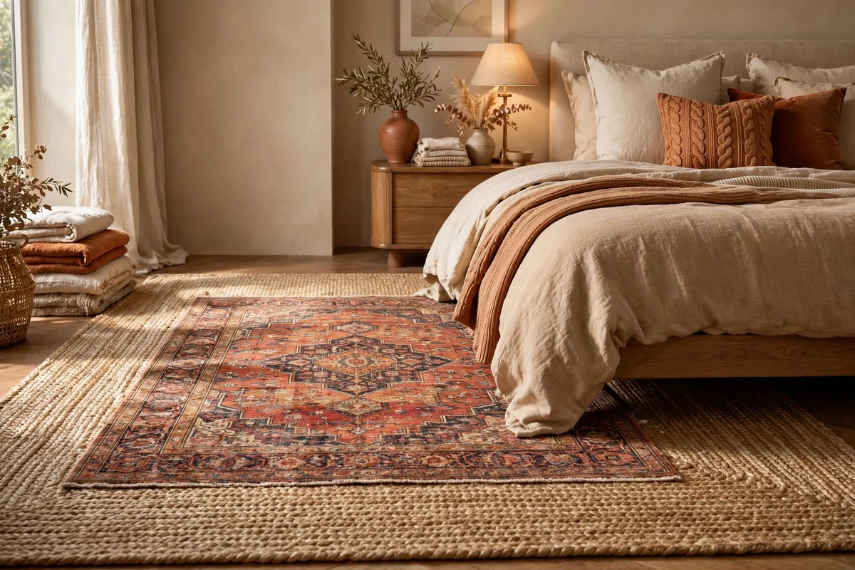 Layered jute and Persian-style rugs beside a luxury bed