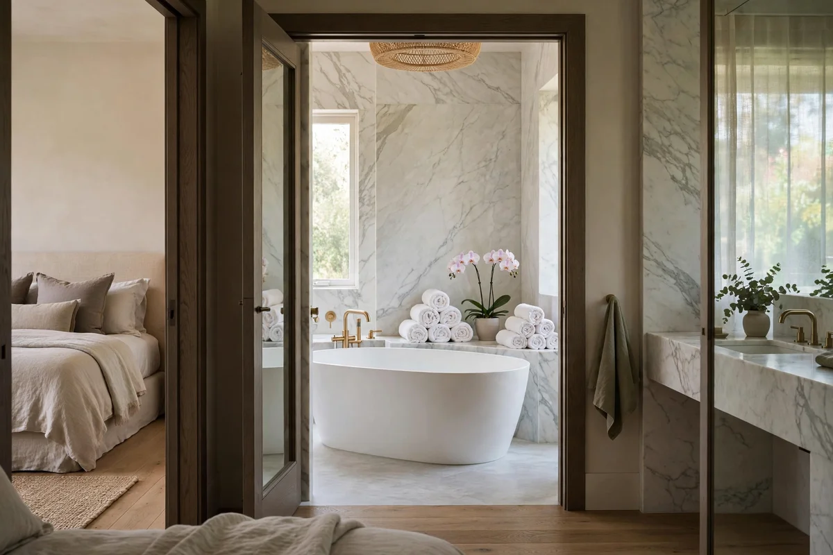 Spa-like ensuite bathroom with freestanding tub visible from a luxury bedroom