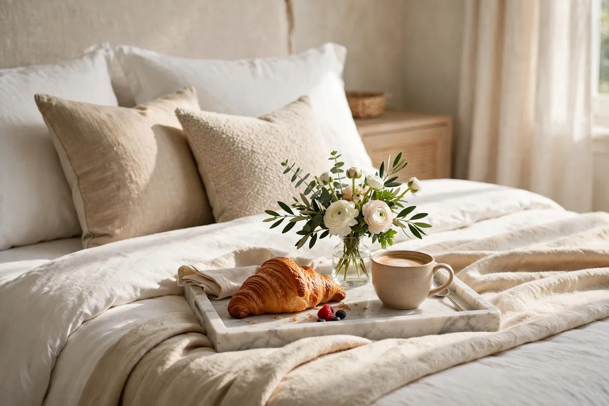 Styled breakfast tray with coffee and croissant on a luxury bed