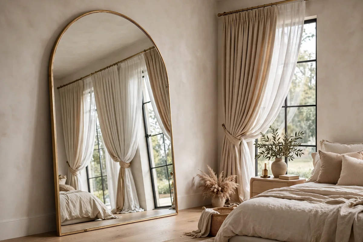 Oversized arched floor mirror with gold frame in a luxury bedroom
