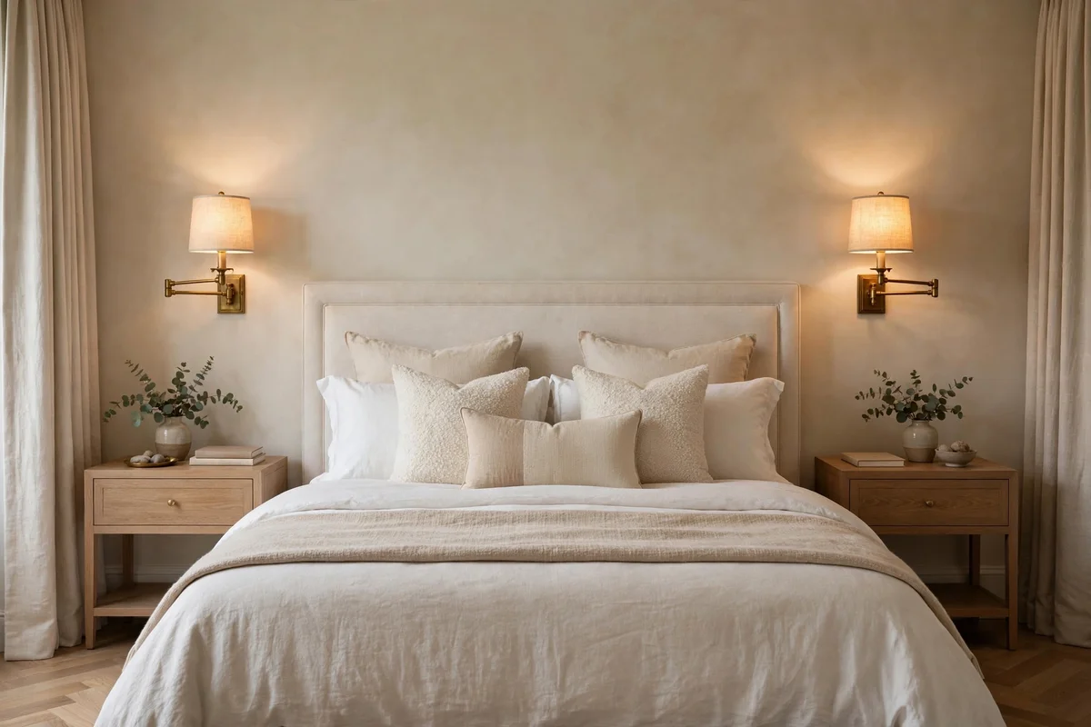 Pair of brass swing-arm wall sconces glowing beside a luxury bed