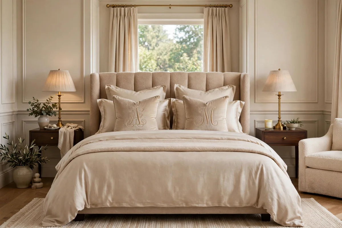 Monogrammed throw pillows with gold embroidery on a luxury bed