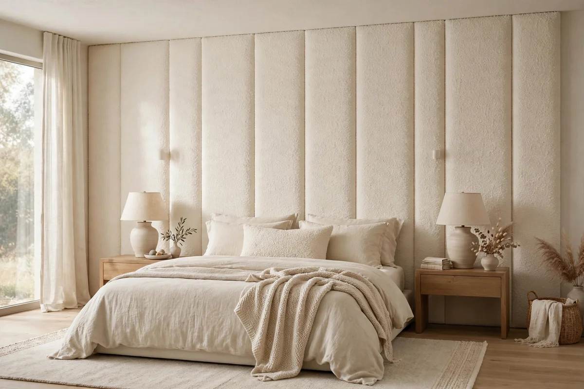 Cream bouclé upholstered wall panels behind a luxury bed