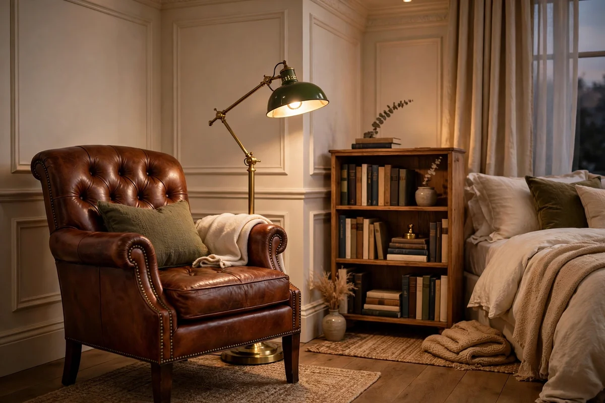 Leather armchair reading nook with brass floor lamp in a luxury bedroom
