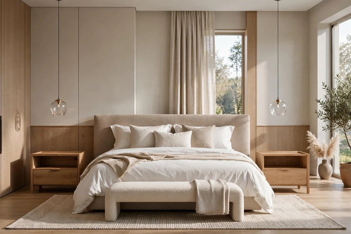 Glass pendant lights hanging over nightstands in a luxury bedroom