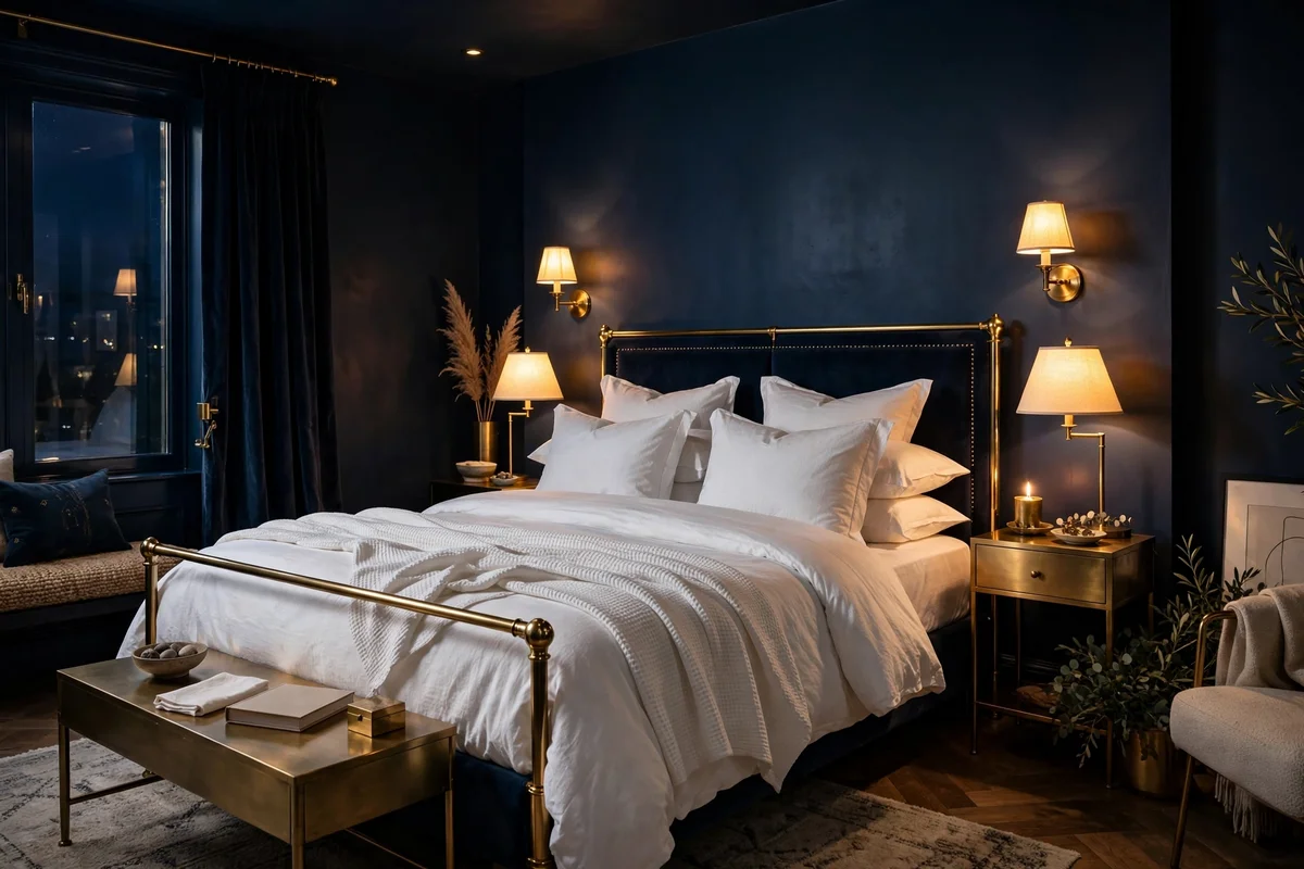 Deep navy painted walls with white bedding in a moody luxury bedroom