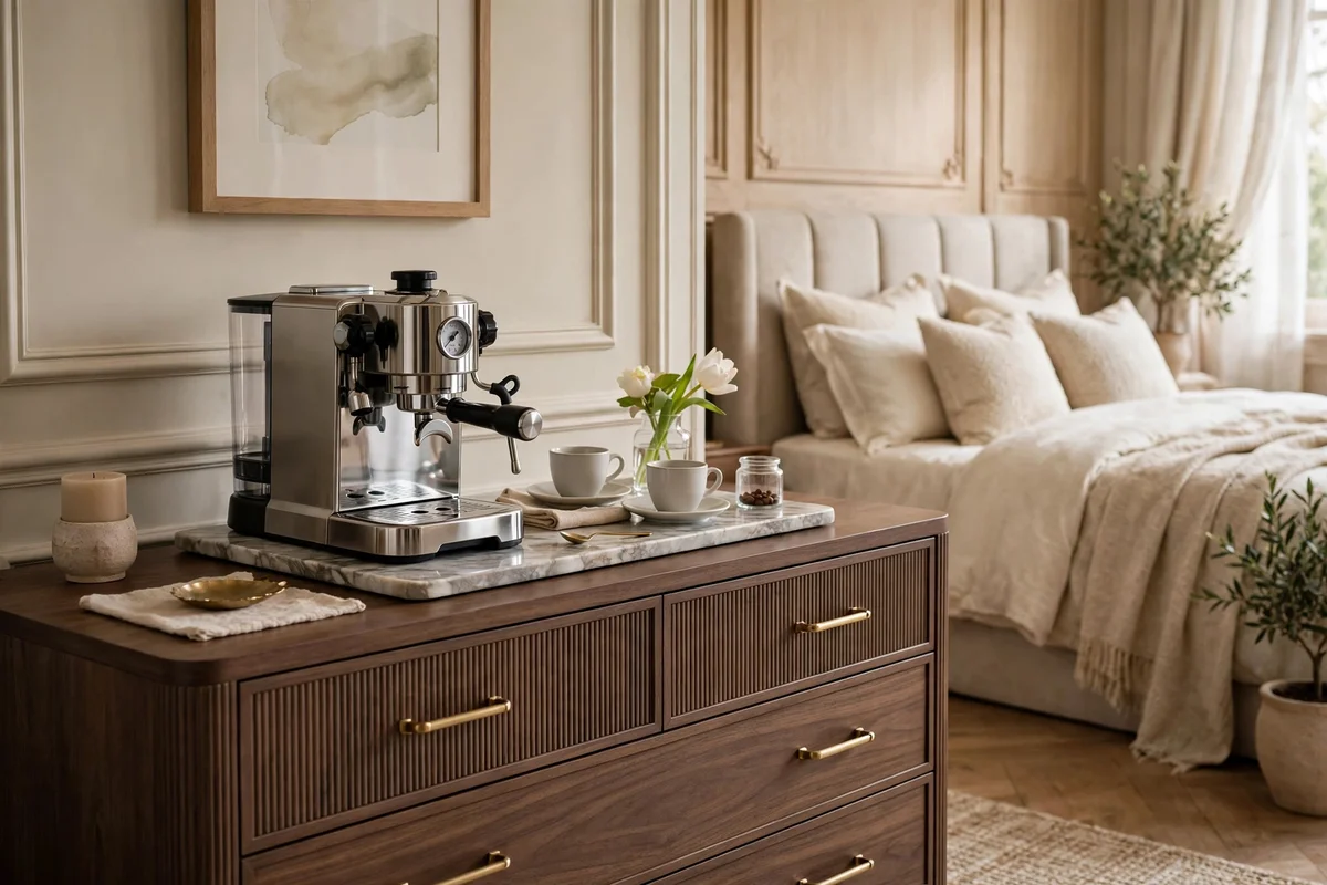 Elegant in-room coffee station on a marble tray in a luxury bedroom