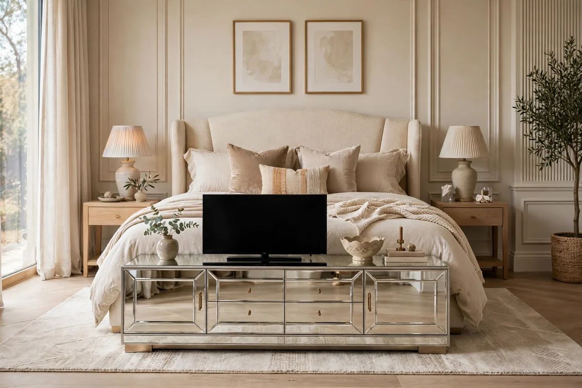 Mirrored TV cabinet at the foot of a luxury bed concealing a television