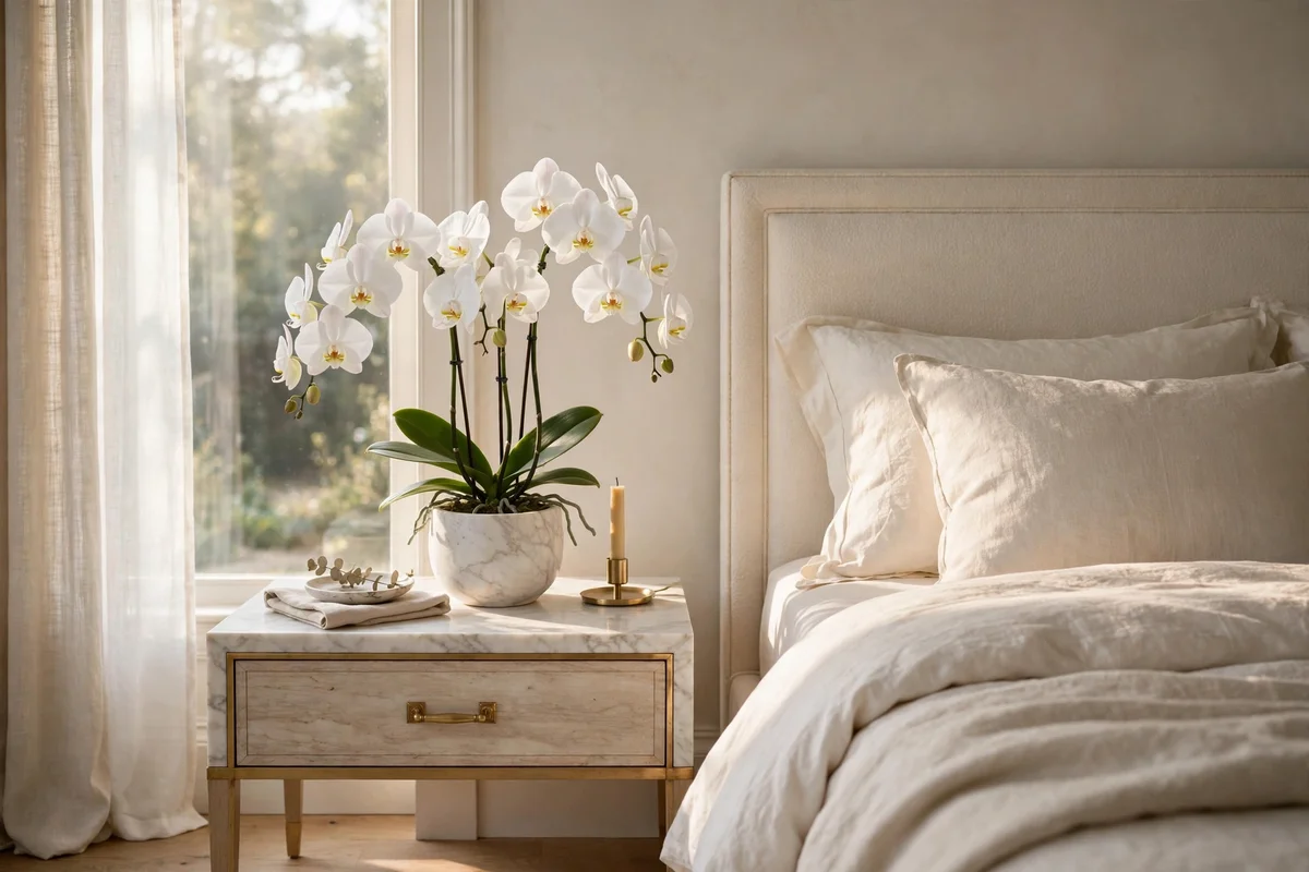 White phalaenopsis orchid in a marble pot on a luxury nightstand