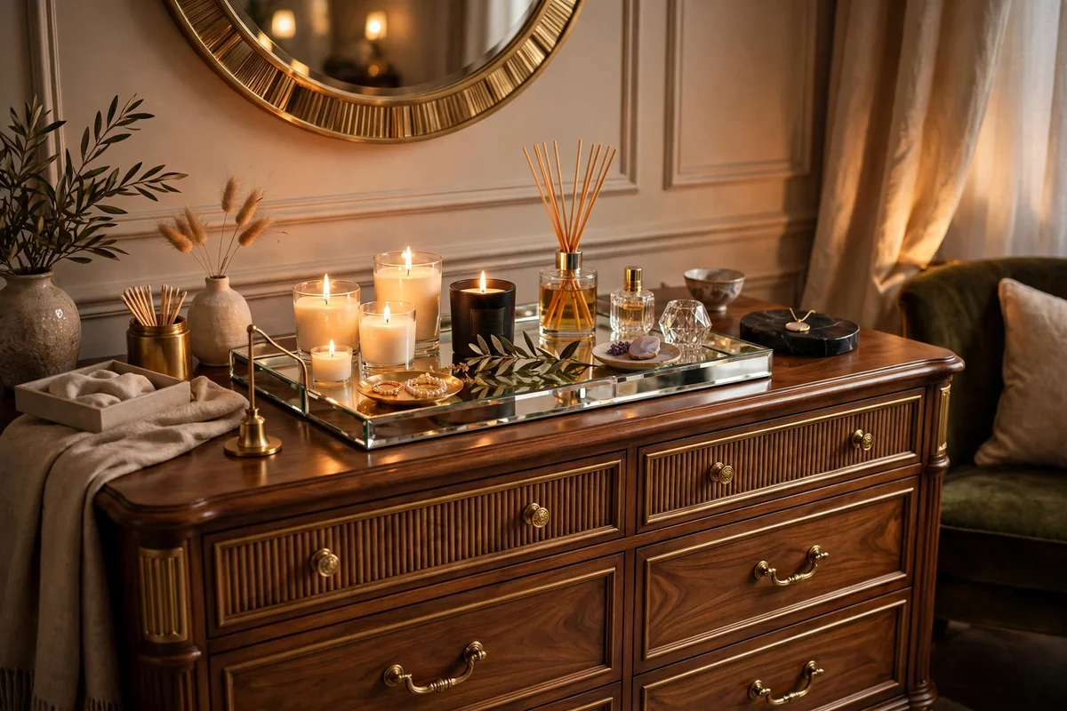 Scented candles and reed diffuser styled on a mirrored tray in a luxury bedroom