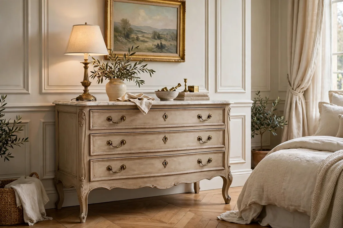 Antique French dresser with marble top in a luxury bedroom