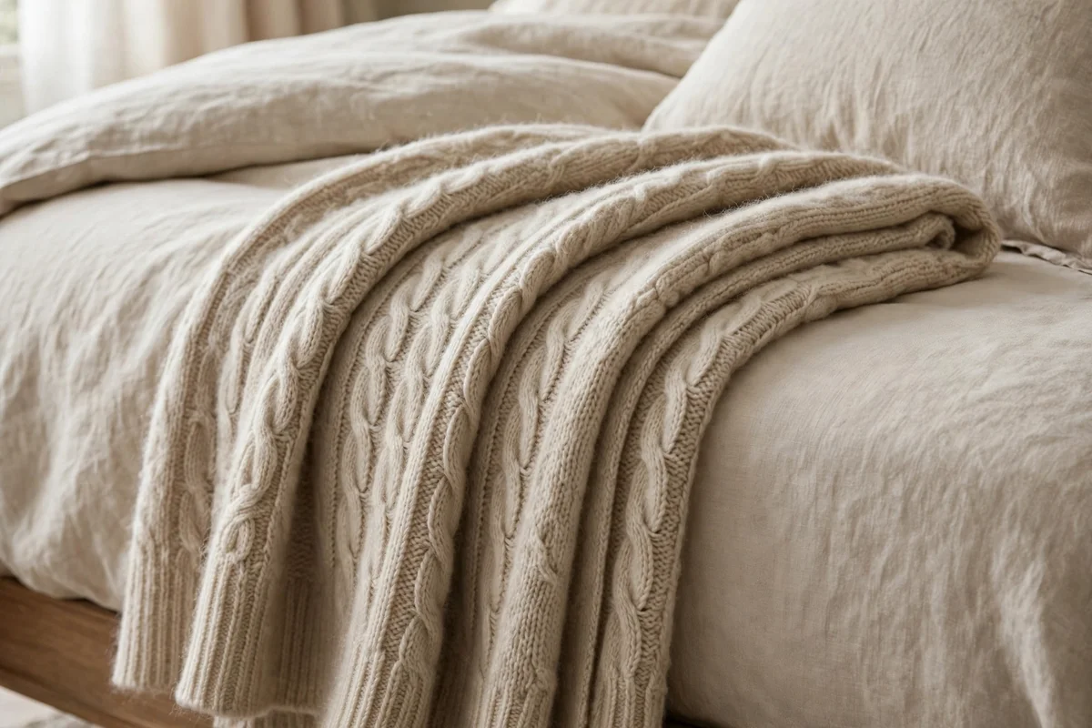 Folded oatmeal cashmere throw blanket on the edge of a luxury bed