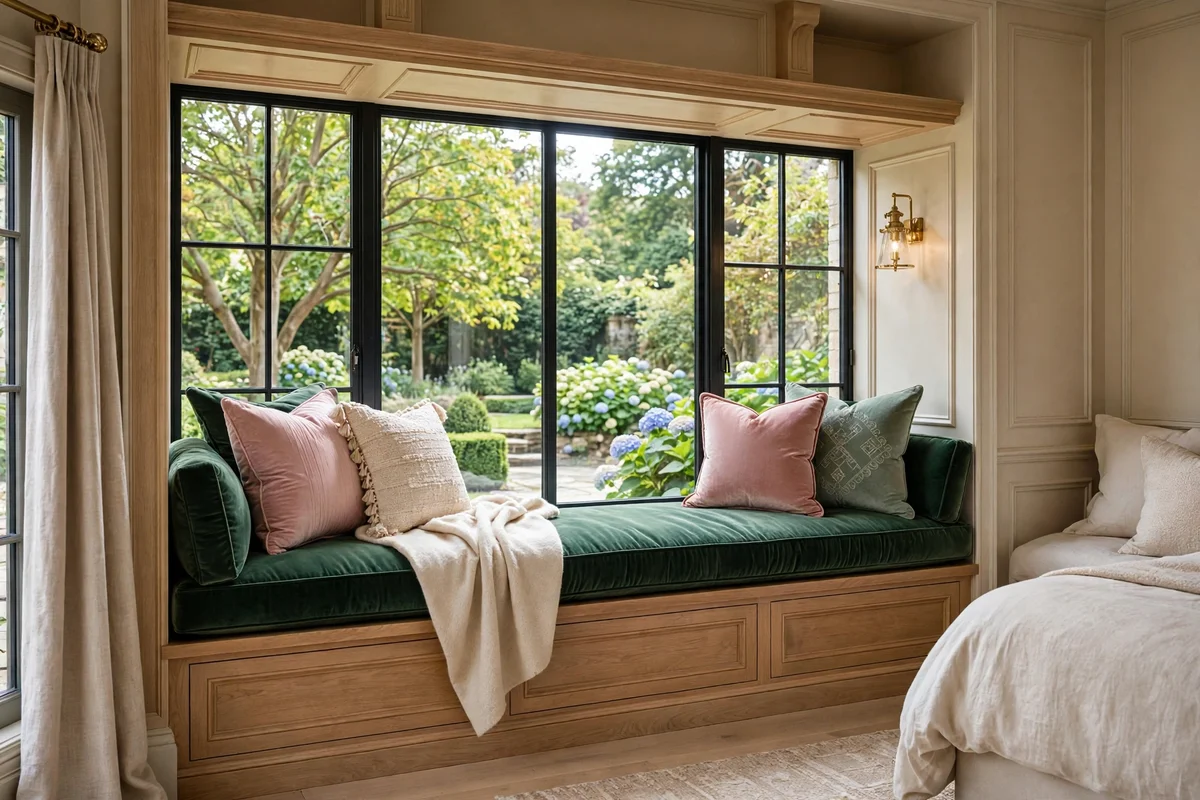Built-in window seat with velvet cushions in a luxury bedroom