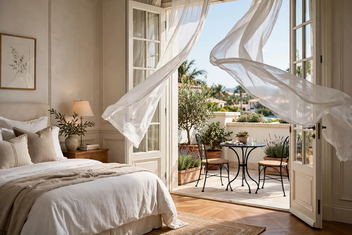 French doors opening to a private balcony from a luxury bedroom