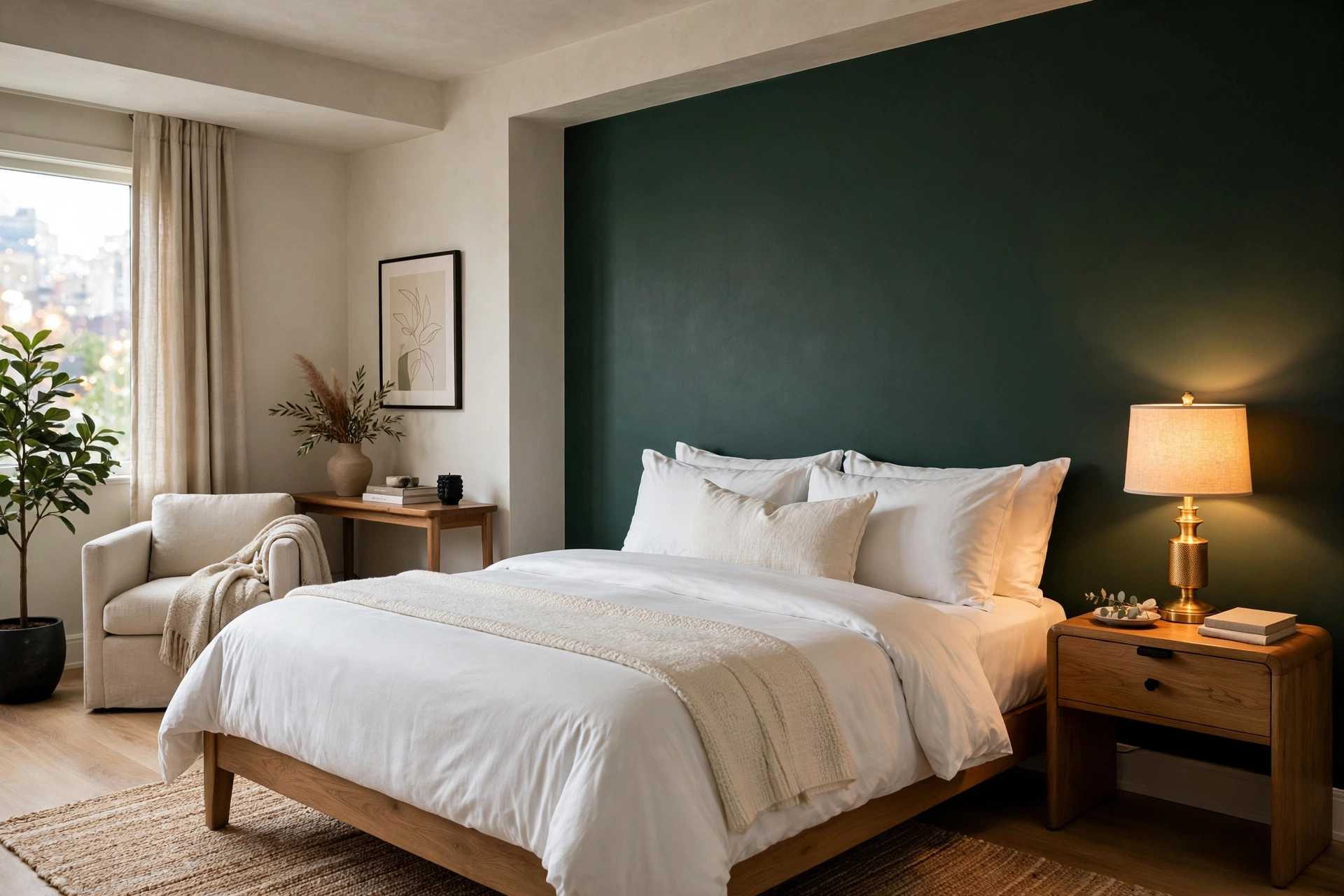 Studio apartment bedroom with a rich deep green accent wall behind the bed looking expensive