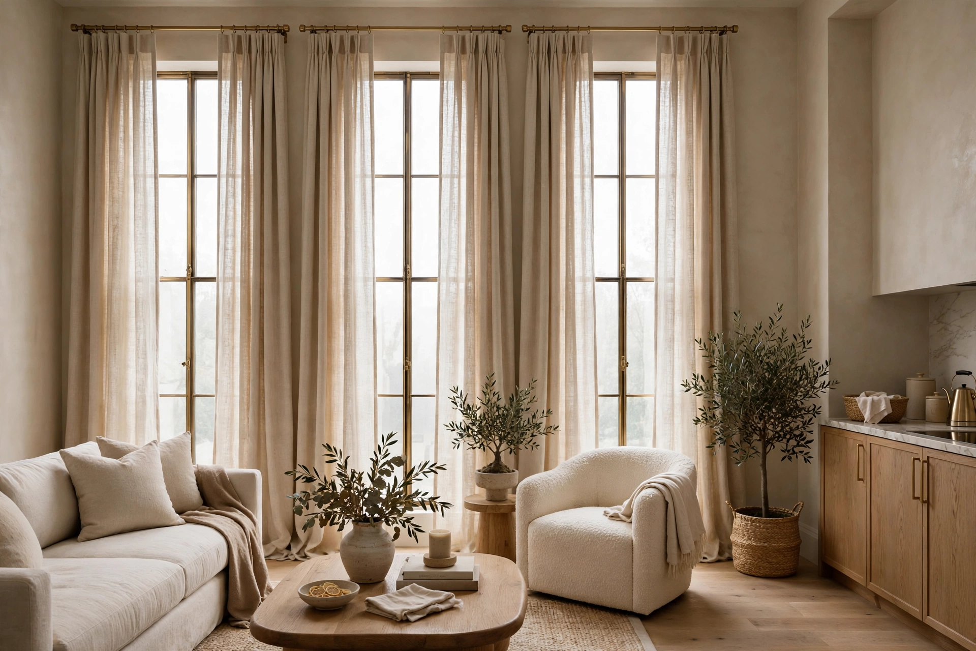 Floor-length linen curtains hung high and wide over tall windows in an elegant studio apartment