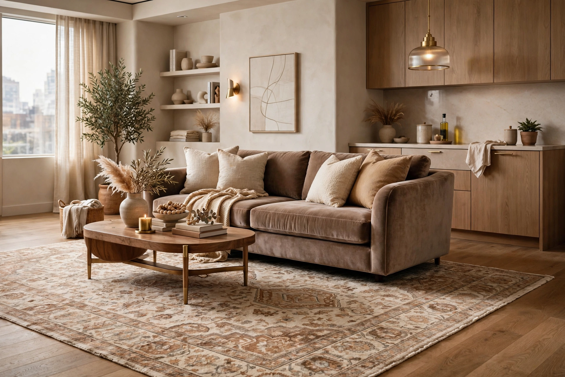 Large elegant area rug anchoring a sophisticated studio apartment living zone