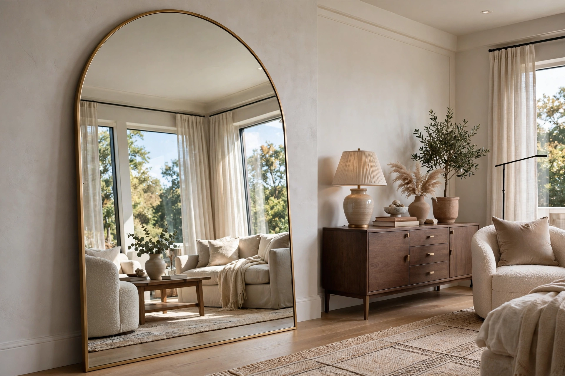 Oversized arched floor mirror with thin brass frame leaning in a chic studio apartment