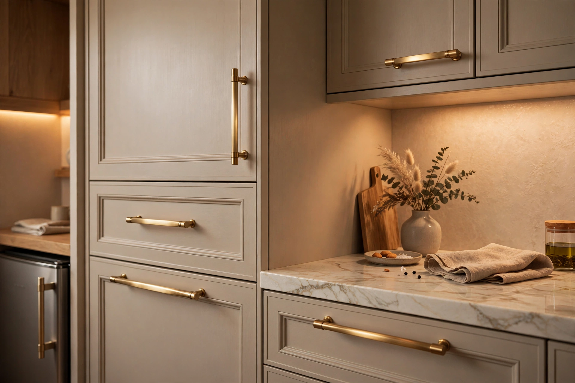 Kitchen cabinets with elegant brushed brass bar pulls in a stylish studio apartment